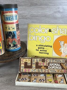 Vintage 1960's Toys - Tinker Toy, Pick-Up Sticks, Animal Dominos, Shape Bingo